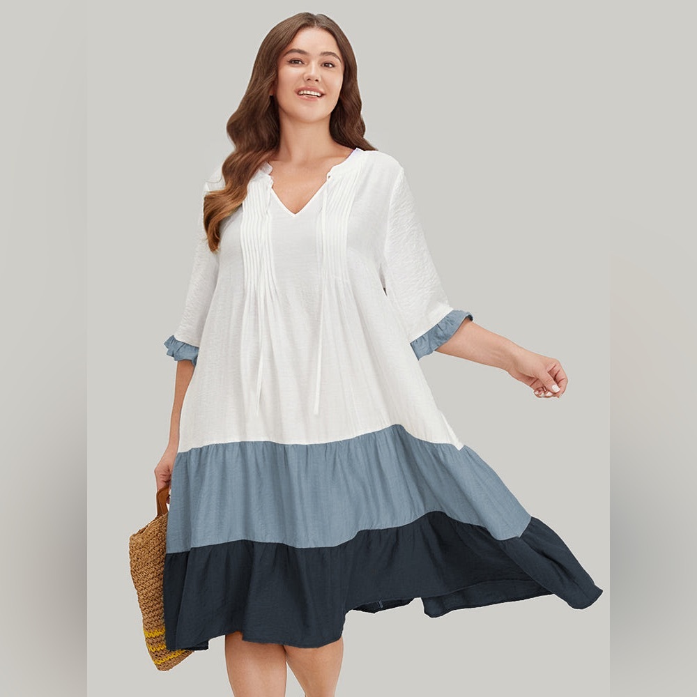 Bloomchic -Color Block Contrast Pocket Pleated Knot Neck Dress - Indigo / 26/4X